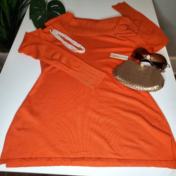 Questions ORANGE Long Sleave off shoulder sweater with gold dot detail Size L - Picture 5 of 12